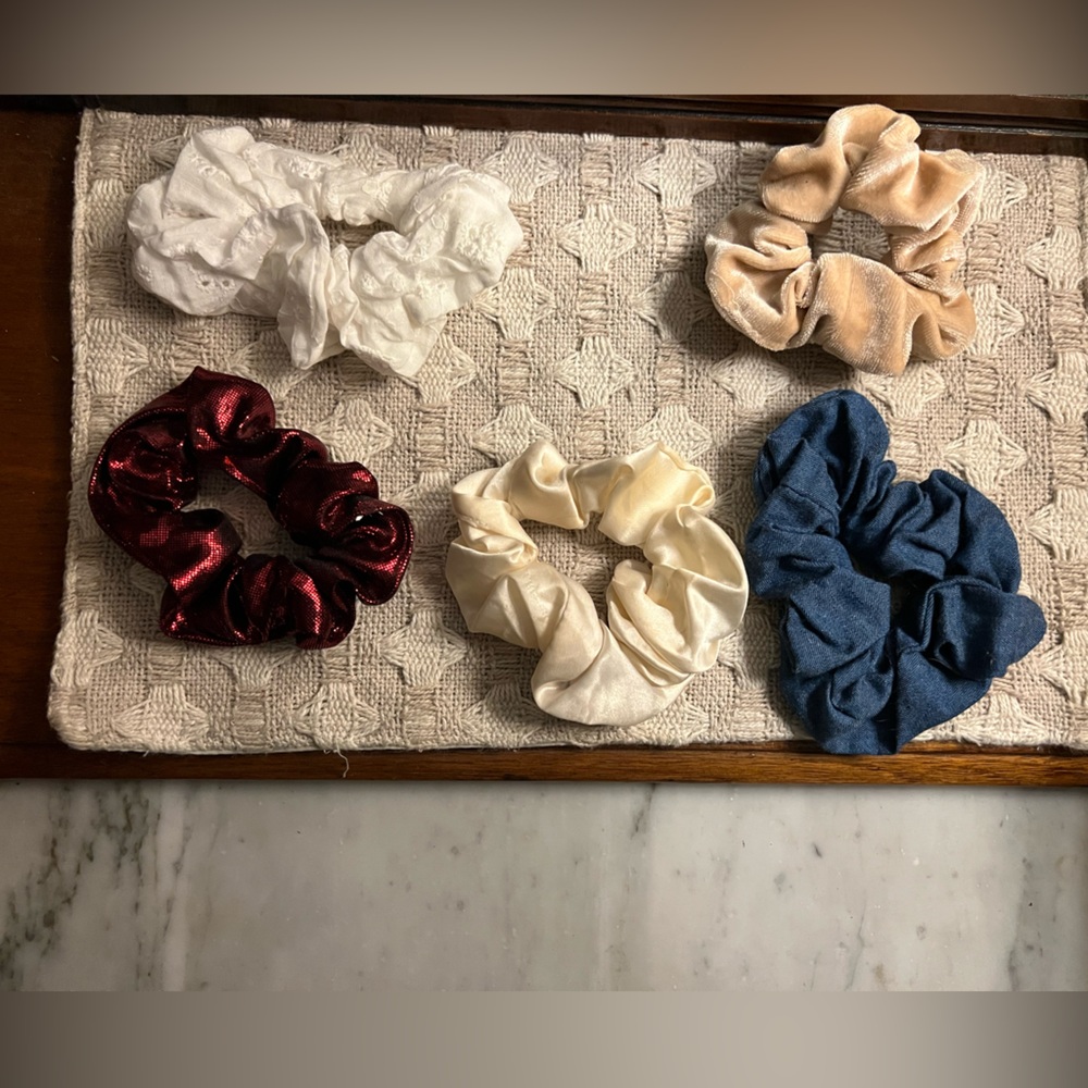 SET OF 5 Classic Solid Colors Hair Scrunchies White Eyelet, Metallic Red, Denim